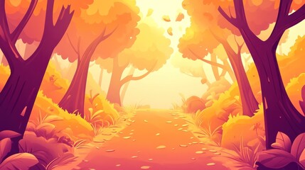 Sunlit autumn path through vibrant forest.