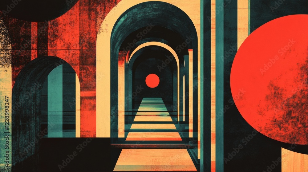 Poster this abstract artwork features geometric shapes including arches and a prominent circle in vibrant r