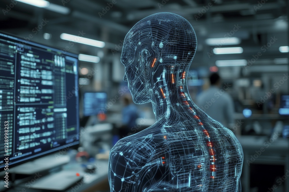 Poster a digital network appears on a cyborg's body in a tech lab with multiple screens, ai generated