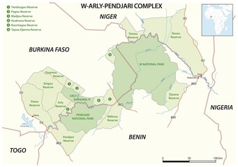 Map of Transboundary Conservation Area W Arly Pendjari, Benin, Niger, Burkina Faso, Africa