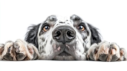 A curious dalmatian dog rests its head and paws on a white surface, looking upwards with eager eyes.
