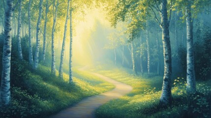 Fototapeta premium Sunlit path winding through a birch forest, vibrant green foliage, soft light.