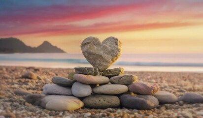 Cairn with a heart shaped stone on the top piled up on a tropical beach at sunrise. Peaceful morning scene seaside. AI generated