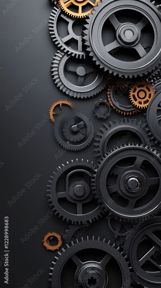 Poster a detailed close-up of various gears and cogs interlocked, highlighting industrial design and mechan
