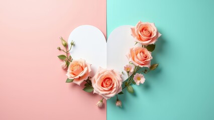 Blank white heart shaped paper and pink roses on pink and green background. Generative AI