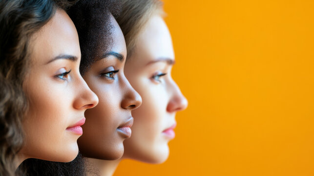 Side view of three women of diverse ethnic backgrounds, confidently posing in profile against an orange backdrop, celebrating individuality and femininity in harmony.