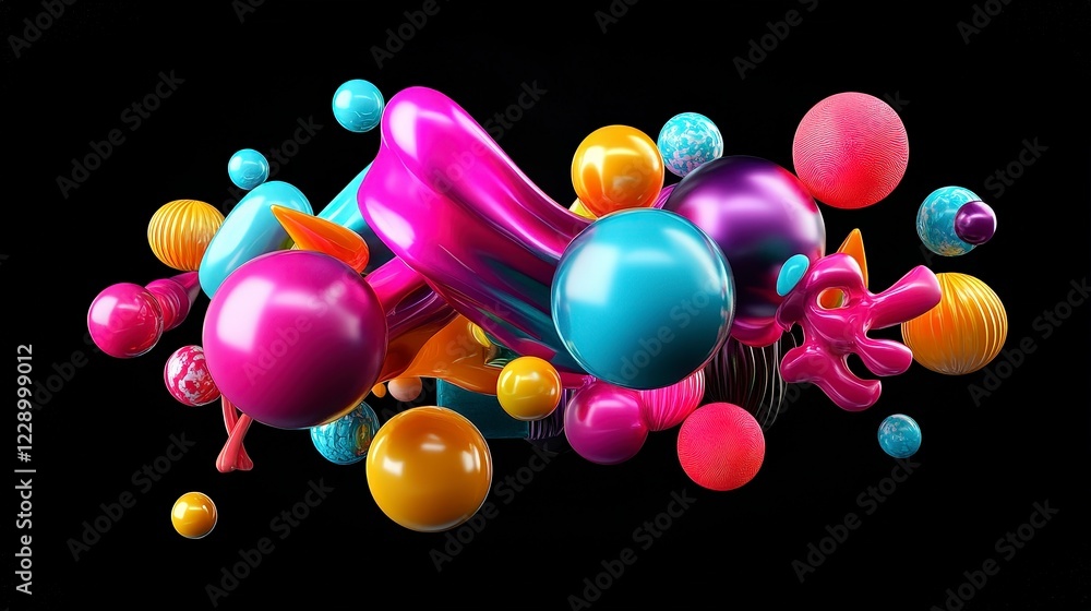 Poster abstract colorful 3d shapes and forms on dark background