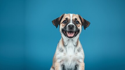 A cute puppy with a wide smile sits against a professional blue background