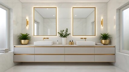 Minimalist bathroom featuring dual vanity sinks, gold faucets, sleek white surfaces, LED wall lights, framed mirrors, marble walls, and green plants, perfect for architecture, decor, and real estate