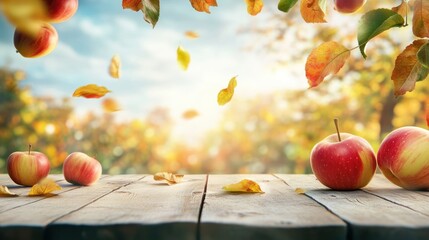 Ripe red apples on rustic wooden table with falling autumn leaves and blurred orchard background.