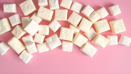 Delicious marshmallows on pink background, flat lay. Space for text, top view. Generative AI