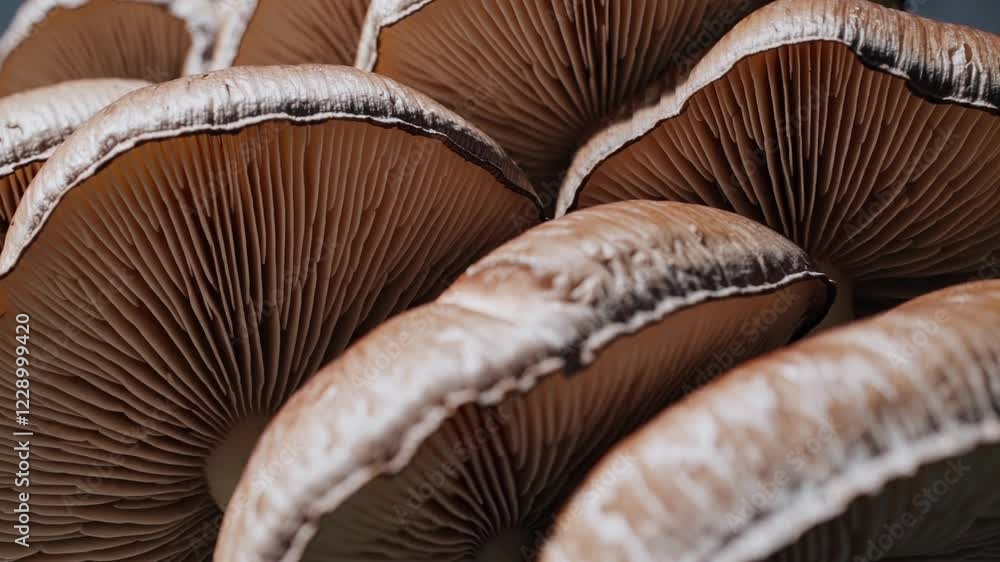 Poster abstract close-up of overlapping mushroom caps with detailed textures, showcasing their natural patt