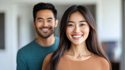 A cheerful young Asian couple captured indoors with warm smiles. Showcasing happiness, connection, and intimacy in a bright and cozy space, symbolizing positivity, togetherness, and youthful energy.