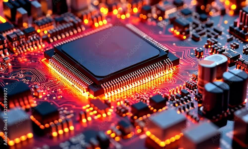 Poster Glowing CPU on Circuit Board, Tech Background