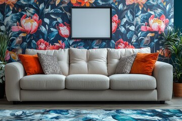 Beige Sofa Against Floral Wallpaper With Pillows