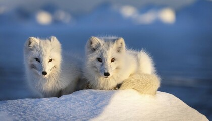 Two arctic foxes floating on an ice floe in the Arctic, AI generated, Studio, AI generated