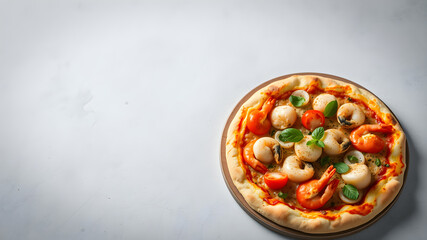 Delicious seafood pizza on light grey table, top view. Space for text. Generative AI