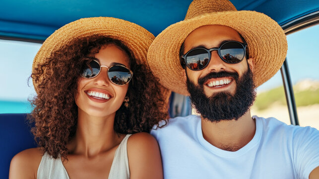 A happy couple wearing sunglasses and straw hats smiles brightly while on a peaceful seaside vacation, radiating joy and enjoyment of the sunny day. - Powered by Adobe