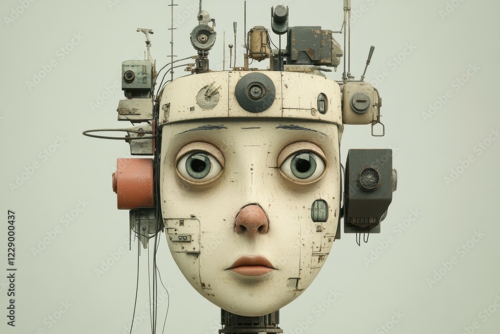 Poster a whimsical retro robot head with big eyes and an array of mechanical components in an eclectic styl