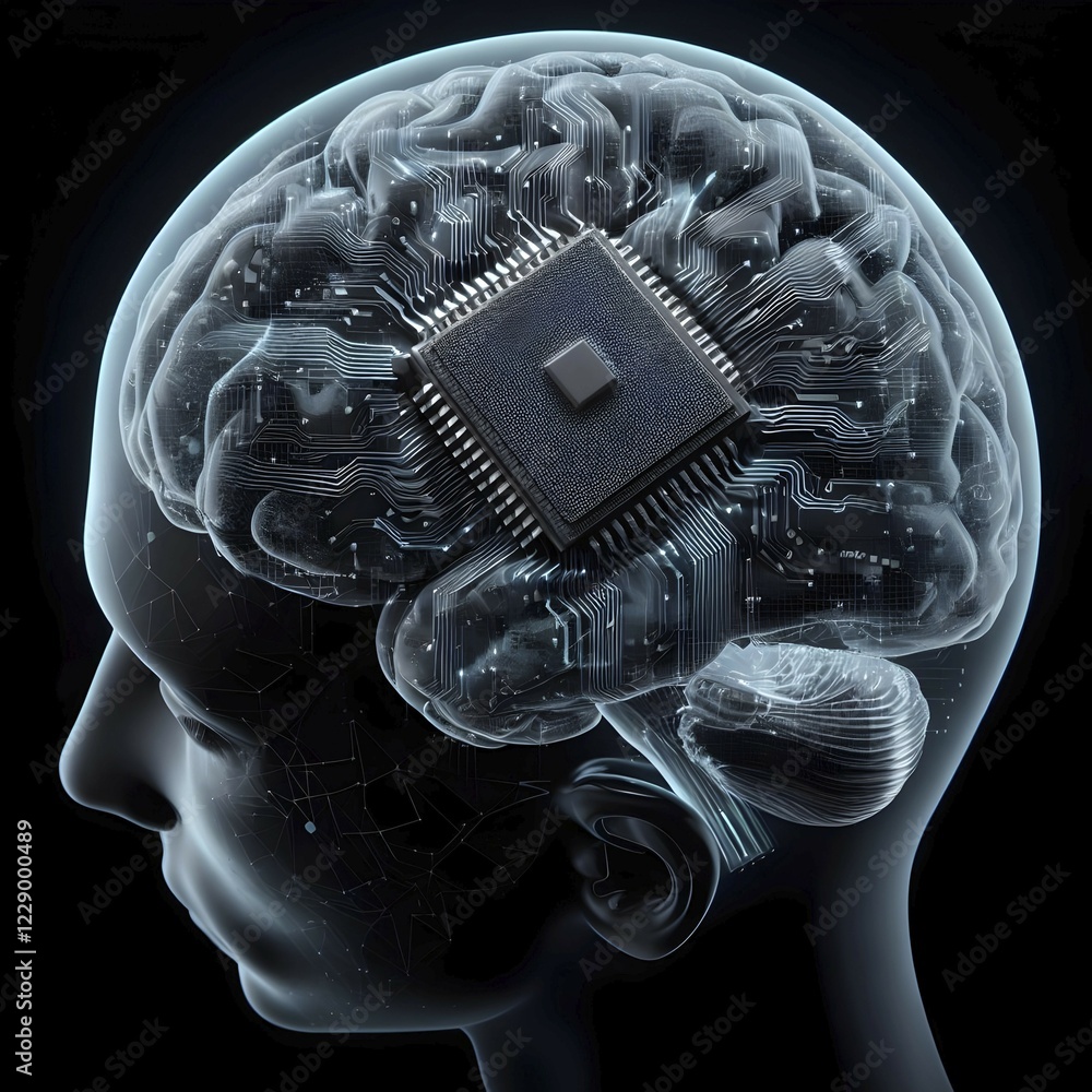 Aufkleber illustration of a human brain connected to a ai microchip processor circuit board and other modern p