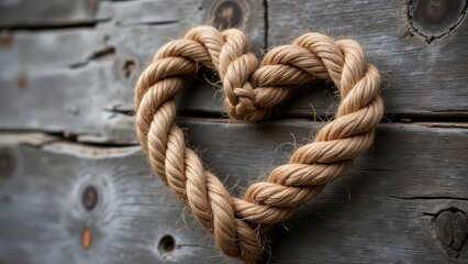 Close-up of a heart shaped twisted rope tied on a wooden board. Generative AI