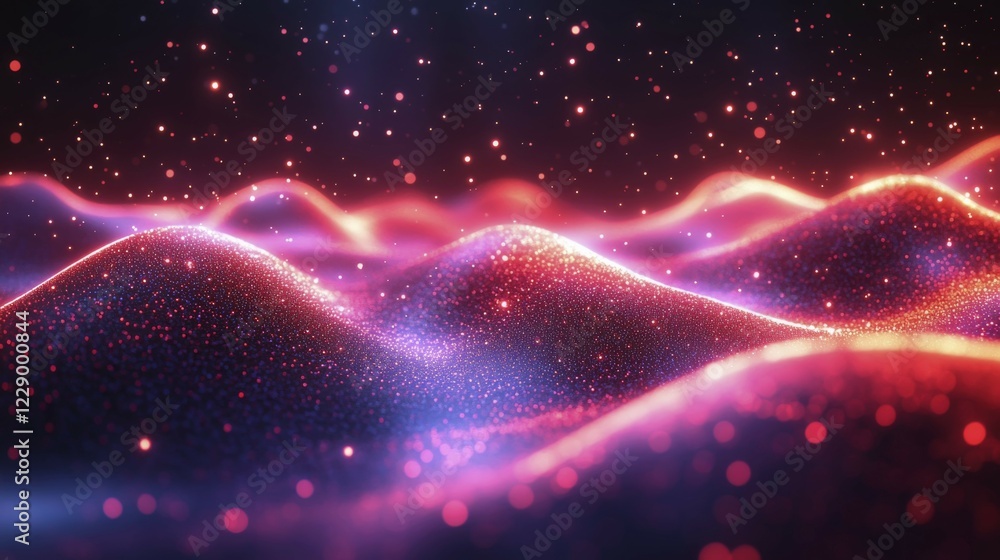 Poster abstract digital art with glowing red and blue waves, illuminated with luminous particles, creating 