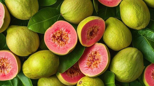 Fresh pink guava fruits and green leaves.