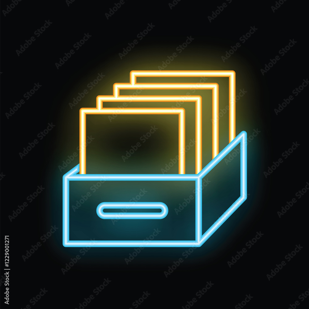 Poster neon glowing icon of an archive box with folders for storage of important documents