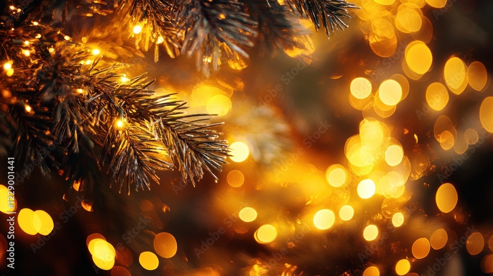 Poster illuminated fir tree branch with bokeh lights, creating a warm, festive backdrop.
