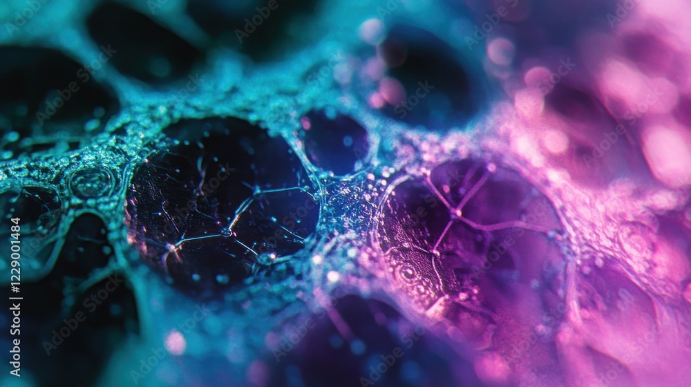 Poster abstract close-up of vibrant blue and purple foam texture with intricate bubble patterns and highlig