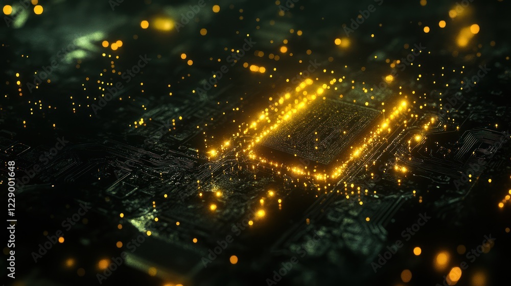 Poster glowing cpu processor on circuit board, digital technology concept.