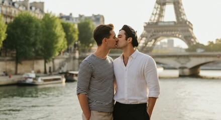 Romantic moment between young male couple in paris with eiffel tower in background
