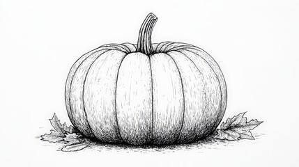 Black and White Sketch of a Realistic Pumpkin on White Background