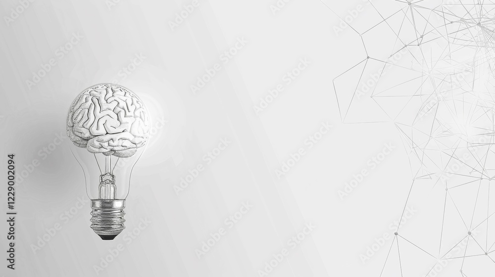 Aufkleber a light bulb with a brain as its filament set against a white background with geometric patterns, ai