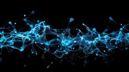Abstract blue glowing particles flowing on black background.