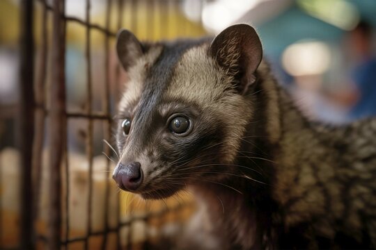 Wild Asian palm civet in cage. Generative AI illustration