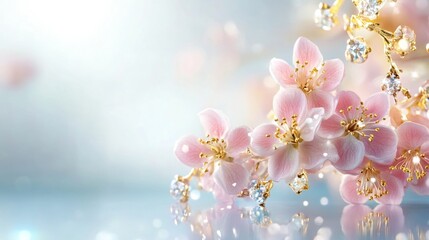 Fototapeta premium Delicate Pink Flowers with Sparkling Gold Jewelry