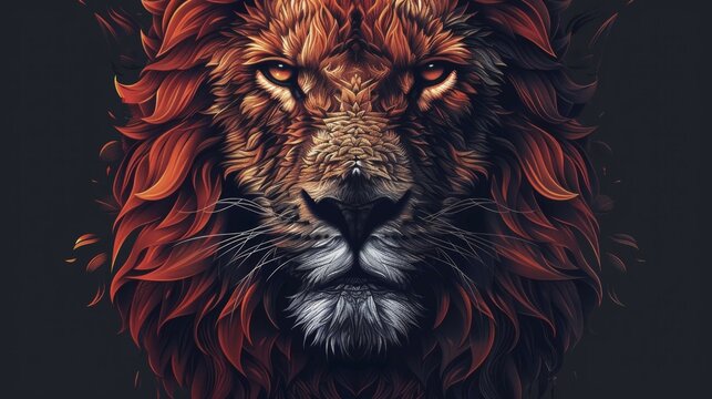 A digital art portrait of a lion with intense, fiery tones, ai generated, AI generated