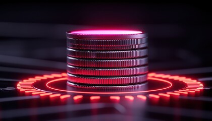 A futuristic stack of coins with vibrant red lighting, showcasing innovation in finance and digital currency.