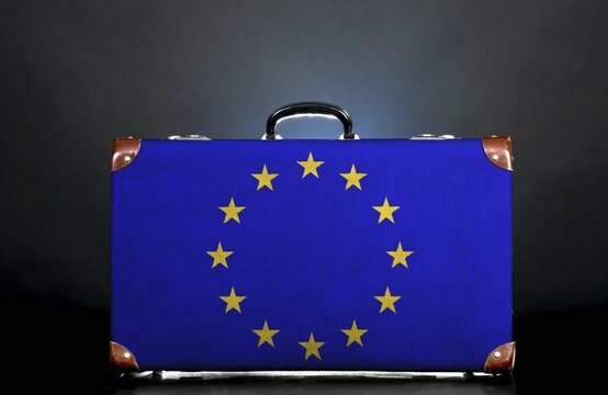The European Union Flag on a suitcase for travel