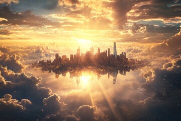 Fototapeta premium A breathtaking view of a futuristic city skyline reflecting in clouds at sunset, showcasing dramatic lighting and golden hues.