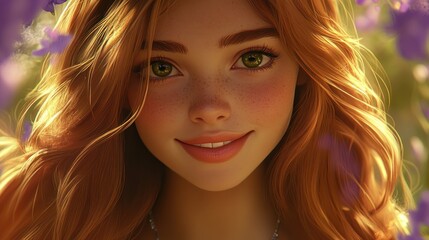 Naklejka premium Young woman with red hair smiling in flower-filled meadow