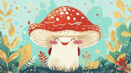 A whimsical, smiling mushroom illustration, surrounded by aqua-colored foliage with red dots, AI generated