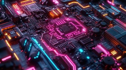 Fototapeta premium Close-up of a futuristic circuit board with neon lighting.