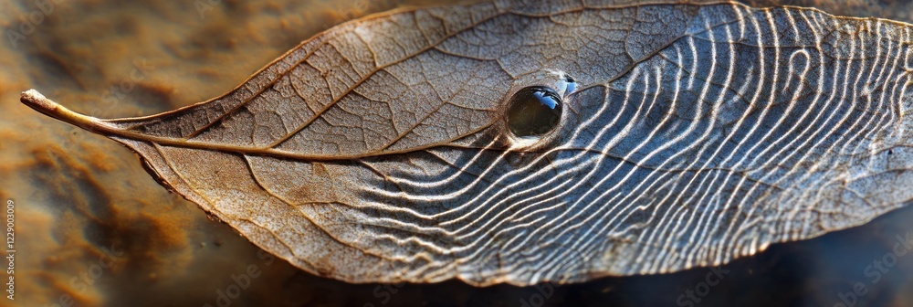 Poster close-up of a dried leaf with intricate vein patterns and a hole, resting on a blurred background.