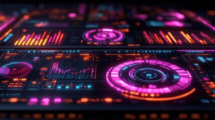 Obraz premium Futuristic digital interface with glowing graphs and charts.