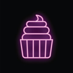 Bright pink neon sign showing a cupcake with frosting on a black background