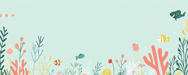 Naklejka premium Pastel underwater scene with coral, seaweed, and fish.