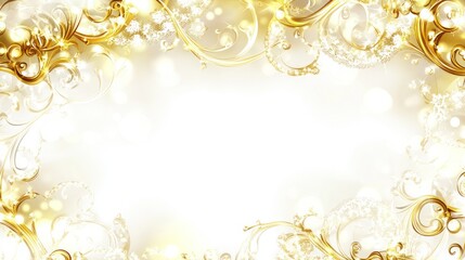 Elegant gold floral frame on white background with bokeh lights, perfect for invitations or announcements.
