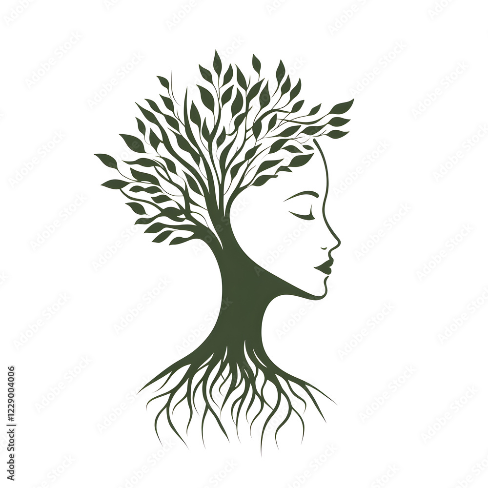 Poster a stylized tree with roots that subtly form the outline of a face, signifying the connection between